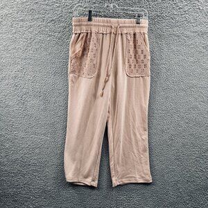 Live Well Lounge Pants Womens Medium Peach Cropped Eyelet Lace Pockets Pull On